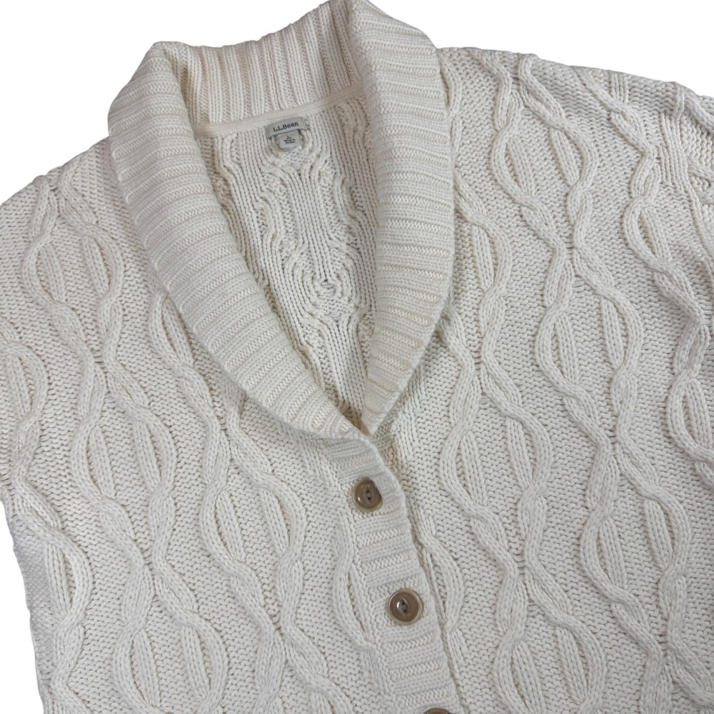 LL Bean Shawl Collar Cable Knit Cardigan Sweater Women L Cream Wool Blend Chunky